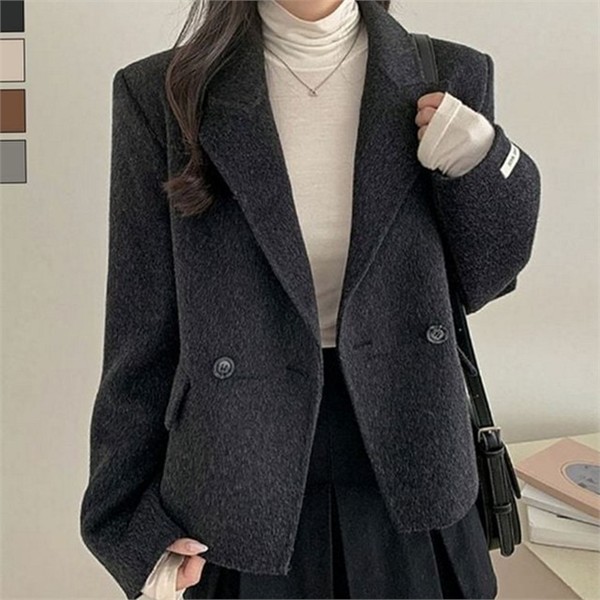 더블 여성 미디 코트 하프 여성 빅 카라 코트 모직 - 상품 이미지
