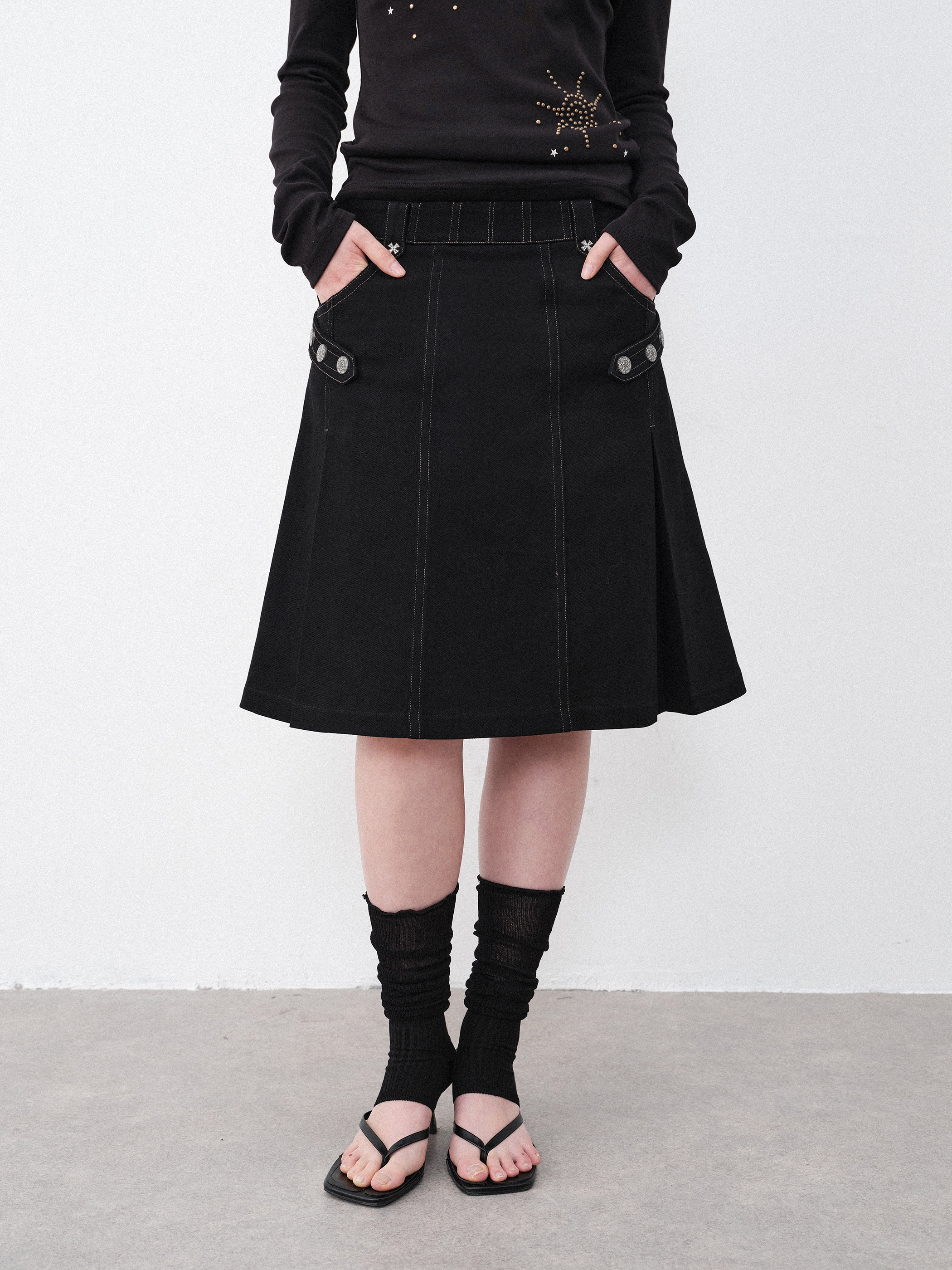 THELIGHT 플레어스커트 플리츠 a라인 블랙 미디스커트 - 상품 이미지