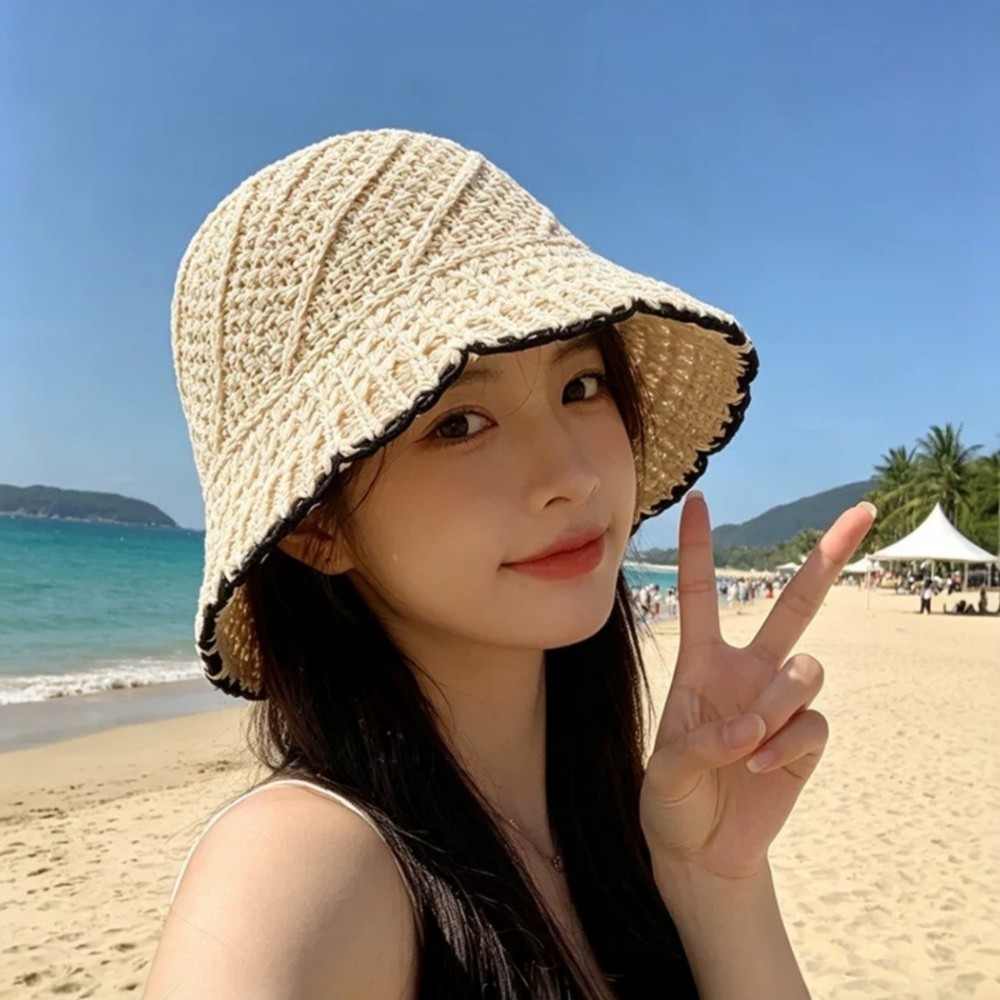 여성 라탄 버킷햇 여름 자외선차단 니트 왕골 벙거지 얼굴소멸 비치햇 이미지 7