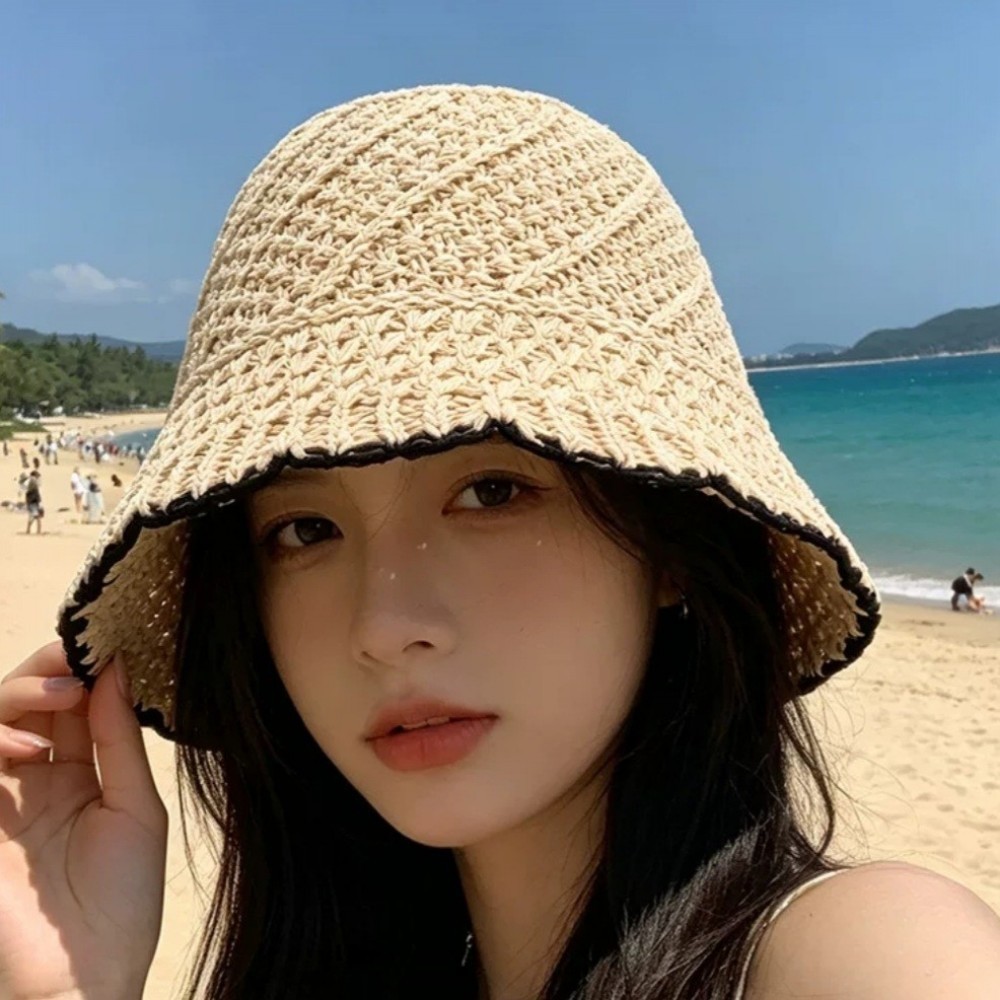 여성 라탄 버킷햇 여름 자외선차단 니트 왕골 벙거지 얼굴소멸 비치햇 - 상세 이미지 5