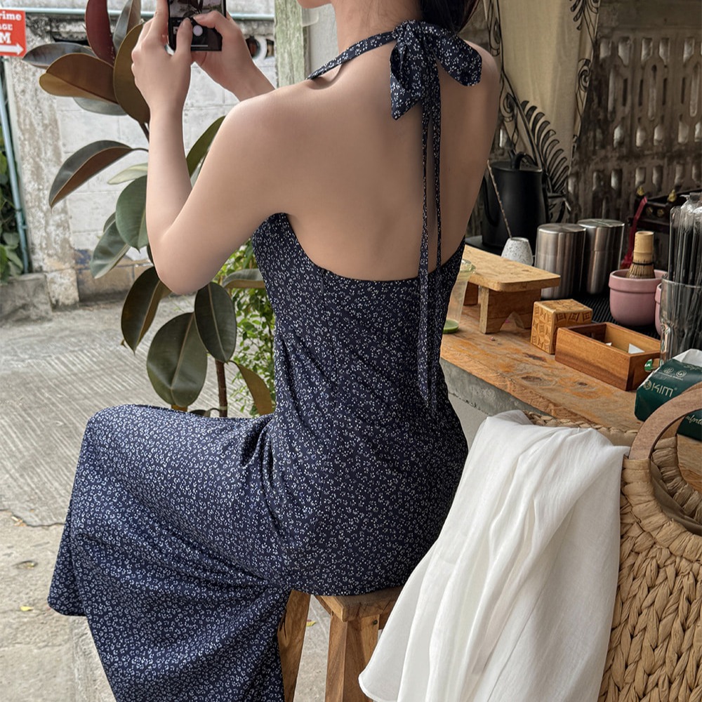 홀터넥 플라워 브이넥 스모크밴딩 캡내장 롱원피스 이미지 7