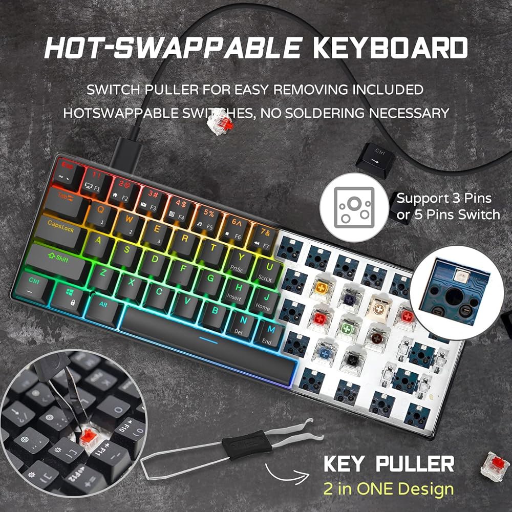 RK ROYAL KLUGE RK61 유선 60 기계식 게이밍 키보드 프로그래밍 가능 QMK /VIA RGB 백라이트 61 키 초소형 핫 스왑 블루 스위치 블랙 - 상세 이미지 3