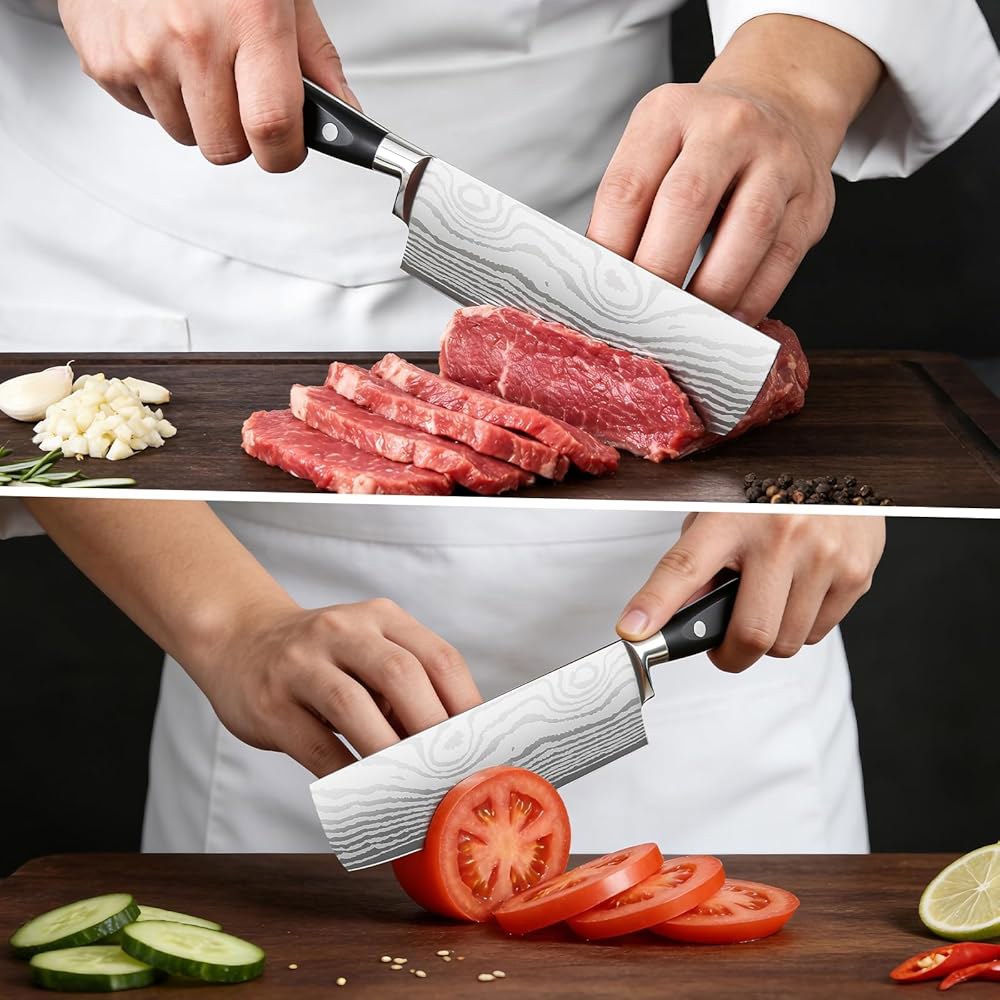 포미다오 나키리 나이프 7인치, 면도날 날카로운 고기 및 야채 주방 나이프, 고탄소 스틸 일본 셰프 가정용 조리용 탱 손잡이가 있는 다용도 도마 7 Inch Nakiri Knife - 상세 이미지 2