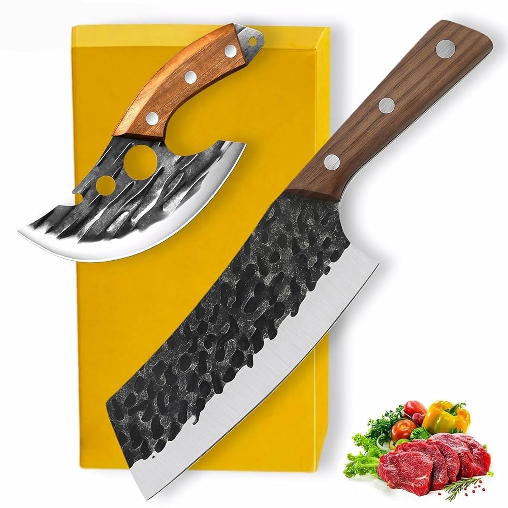Wruhamd 2PCS 고기 절단 칼, 7.5인치 면도기 샤프 고탄소 강철 내구성, 가죽 칼집이 있는 바이킹 풀 탱 핸들, 야채 절단용 정육 칼 자르기 Black - 상품 이미지