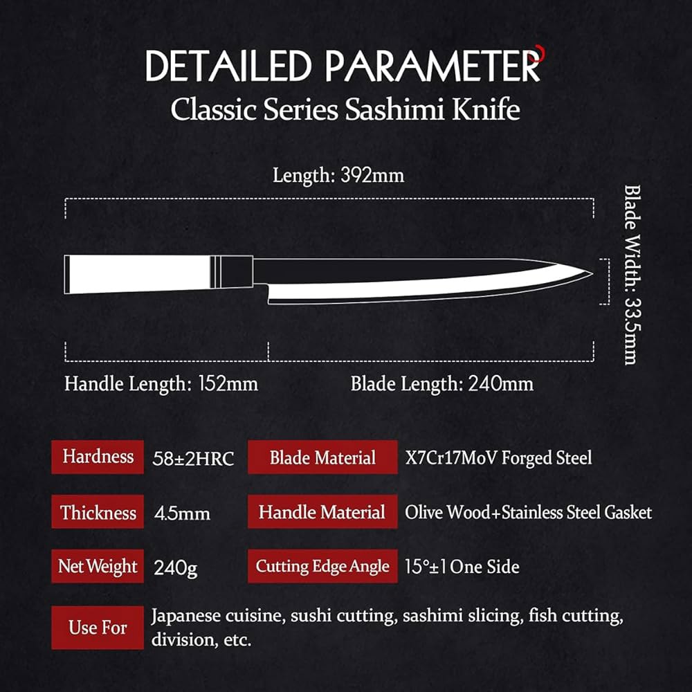 허젠 240mm 사시미 나이프, 스시 야나기바 올리브 나무 손잡이, 나이프 케이스 포함 240mm Sashimi Knife - 상세 이미지 2