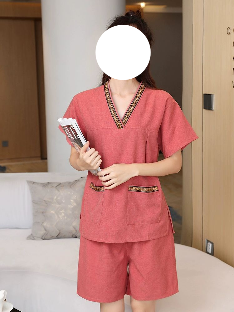 찜질방옷 숯가마 찜질복 황토 스파복 얇은 린넨 면직물 자수 칼라 레드 여성용 2XL - 상세 이미지 2