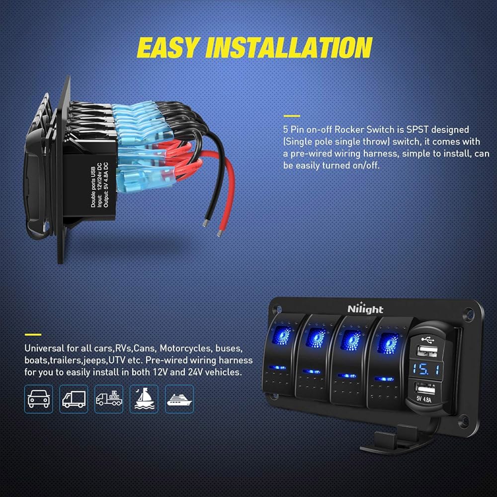 4.8암페어 듀얼 USB 충전기 전압계 방수 12V 24V DC 야간 조명 스티커가 장착된 Nilight 4 갱 로커 스위치 패널 자동차 트럭 보트 RV용 - 상세 이미지 3