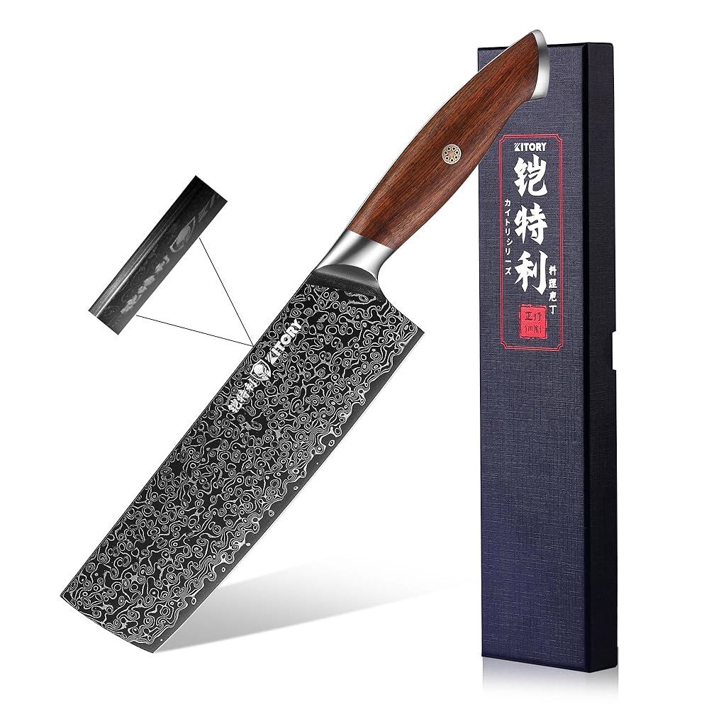 나키리 나이프 7.5인치, 10Cr15CoMoV HC 슈퍼 스틸 커팅 코어, 일본식 우스바 주방 나이프, 풀 탱 샌달우드 손잡이, 선물 상자 포함 D2Chef Knife - 상품 이미지