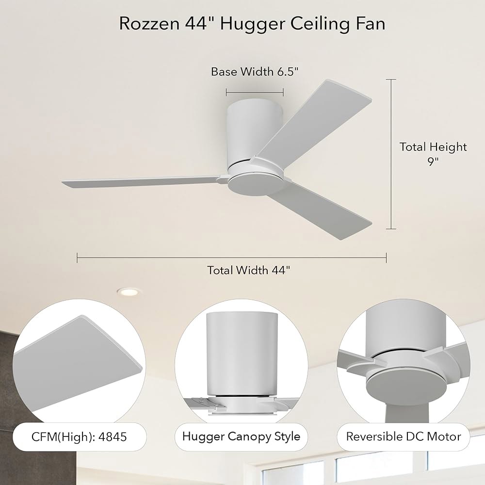 Monte Carlo Fans 3RZHR44RZW Rozzen - 블레이드 111.9cm(44인치), 마감 화이트 색상 24.9cm(9.3인치), 3 높이 너비 선풍기 천장 매트 - 상세 이미지 2
