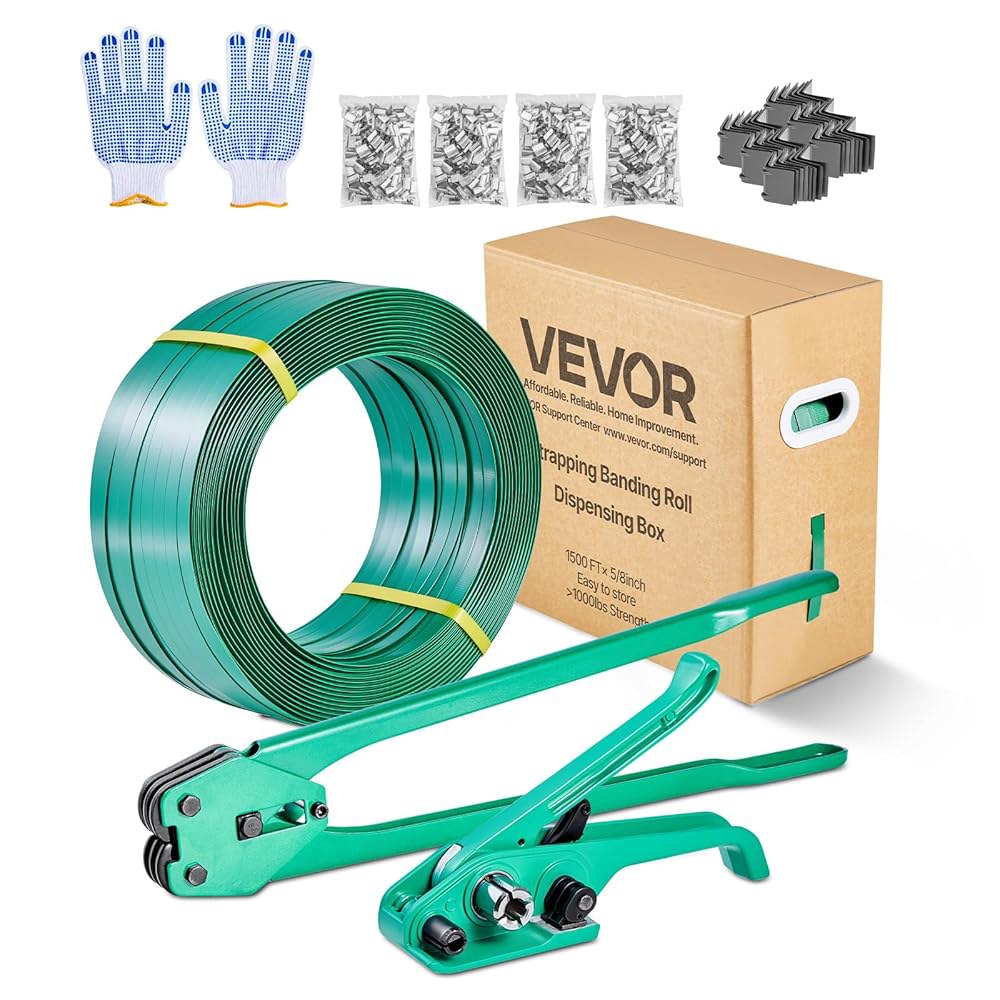 VEVOR 밴딩 스트랩 키트, 1500피트 PET 밴드가 있는 헤비 듀티 씰러 도구, 450개의 금속 씰, 150개의 모서리 보호대 및 장갑, 창고/배송/이동용 플라스틱 팔레트 - 상품 이미지