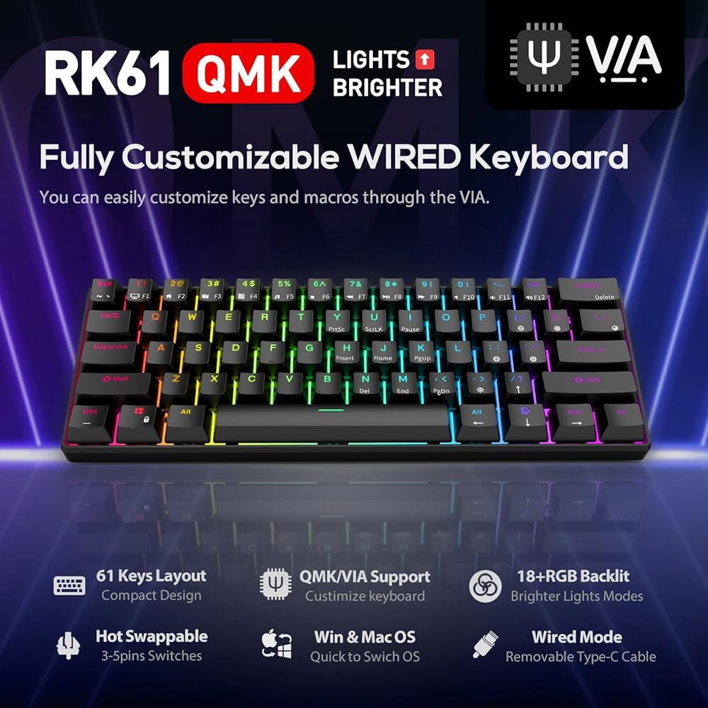 RK ROYAL KLUGE RK61 유선 60 기계식 게이밍 키보드 프로그래밍 가능 QMK /VIA RGB 백라이트 61 키 초소형 핫 스왑 블루 스위치 블랙 - 상세 이미지 2