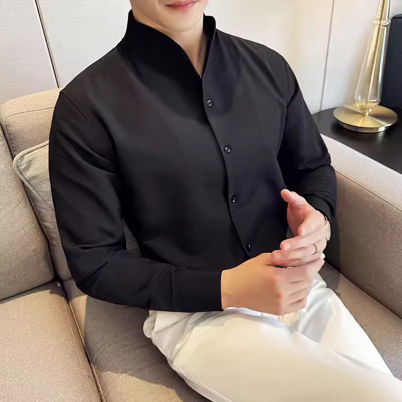 남자 차이나셔츠 봄 슬림핏 긴팔셔츠 흰색 가을 남성 - 상세 이미지 2