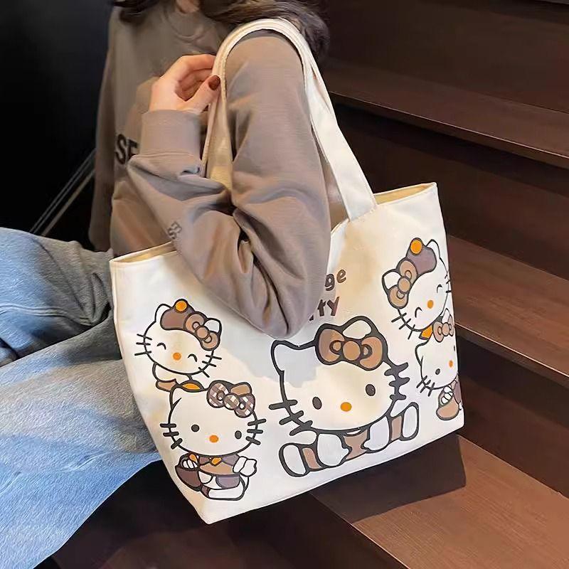 헬로키티 고양이 캔버스 대용량 토트백 숄더백 학생 통근 만화 가방 에코백 천 쇼핑 기본모델-오픈탑지퍼없음 베이지화이트 - 상세 이미지 2