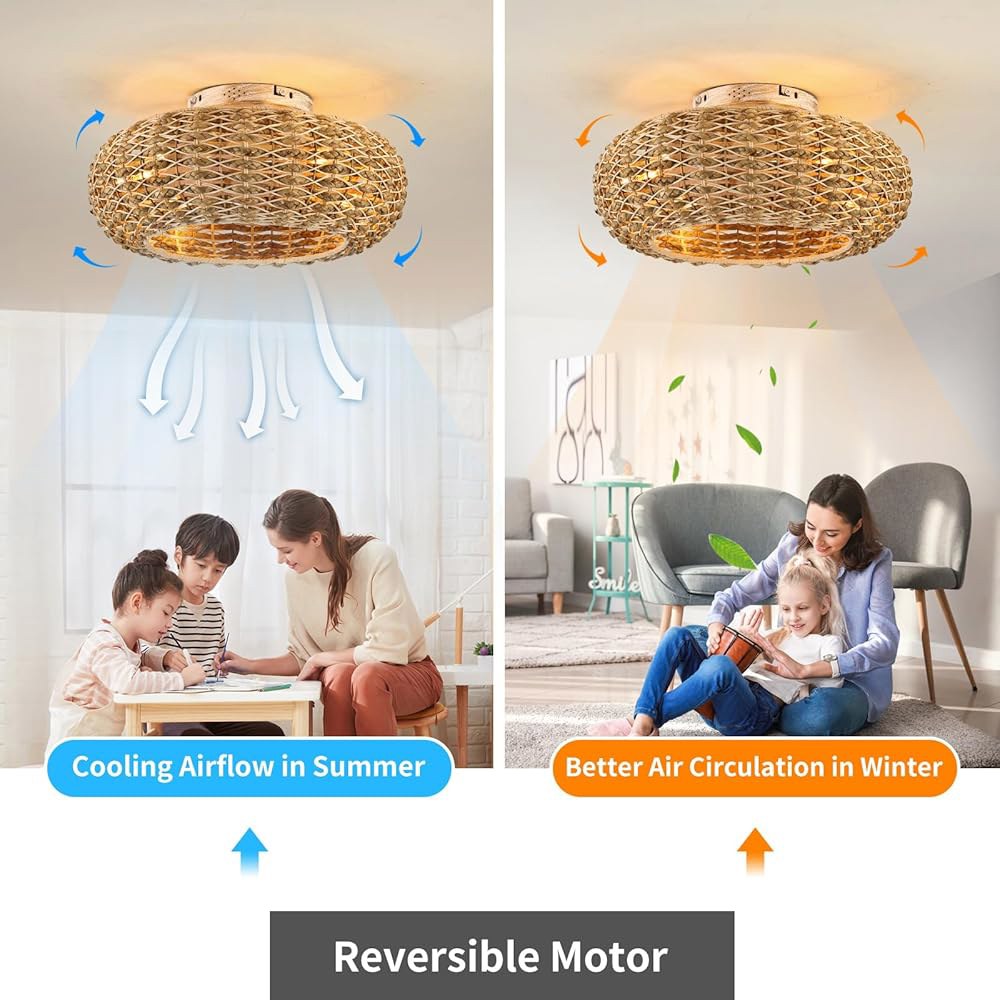 Alaruder Boho 조명 플러시 마운트가 있는 라탄 전구 포함) 앱이 리모컨 팬달리에(LED 양면 로우 4개 팬, 천장 침실용 및 6가지 케이지 무소음 50.8cm(20인치) - 상세 이미지 3