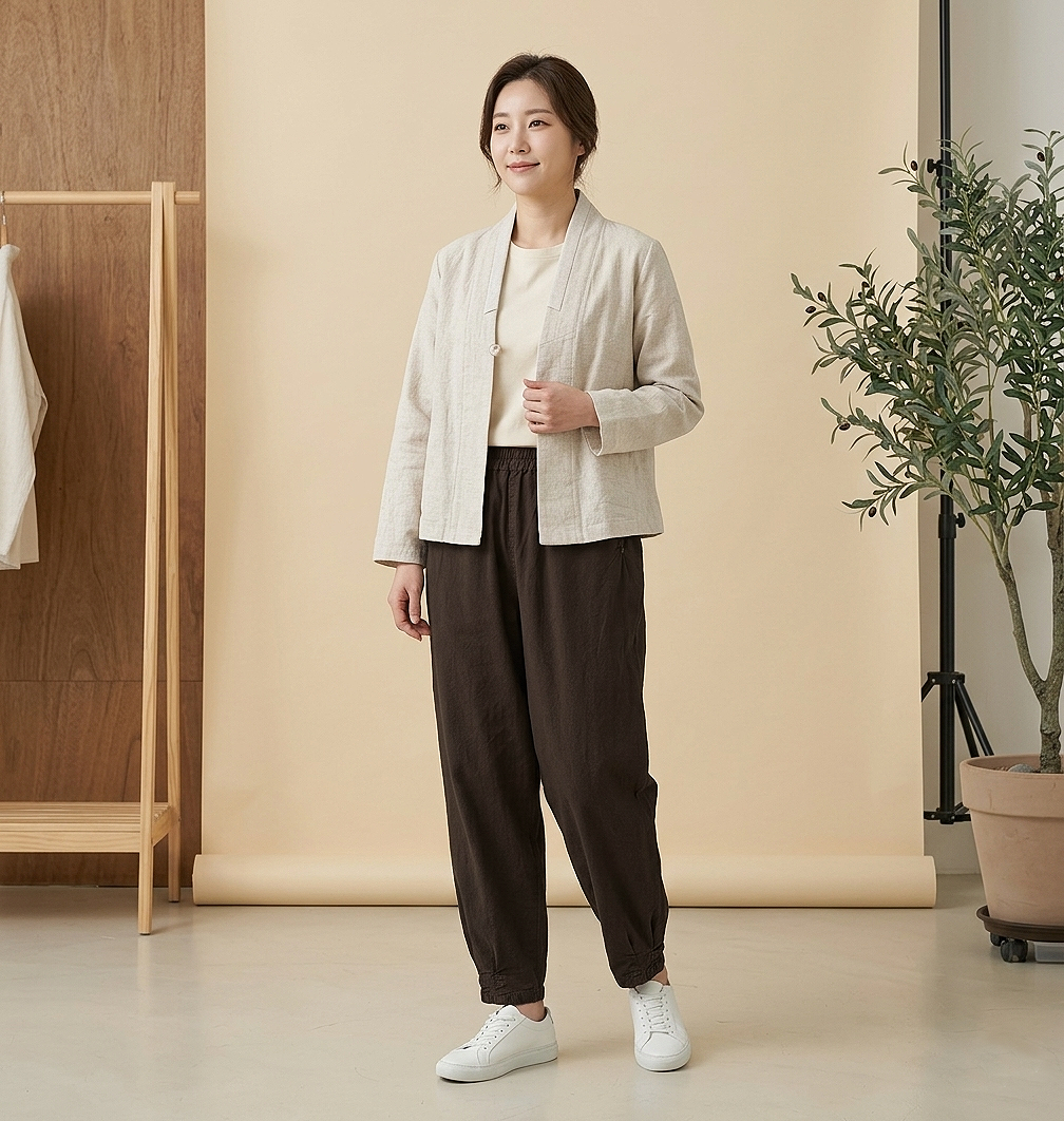 봄 가을 생활한복 바지 피그먼트 남녀공용 면100% 다크초콜릿 - 상세 이미지 4