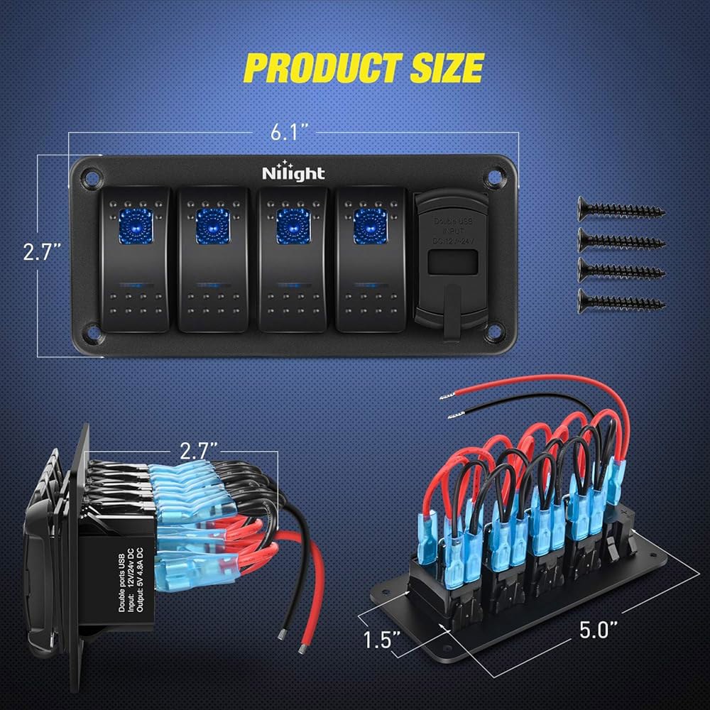 4.8암페어 듀얼 USB 충전기 전압계 방수 12V 24V DC 야간 조명 스티커가 장착된 Nilight 4 갱 로커 스위치 패널 자동차 트럭 보트 RV용 - 상세 이미지 2