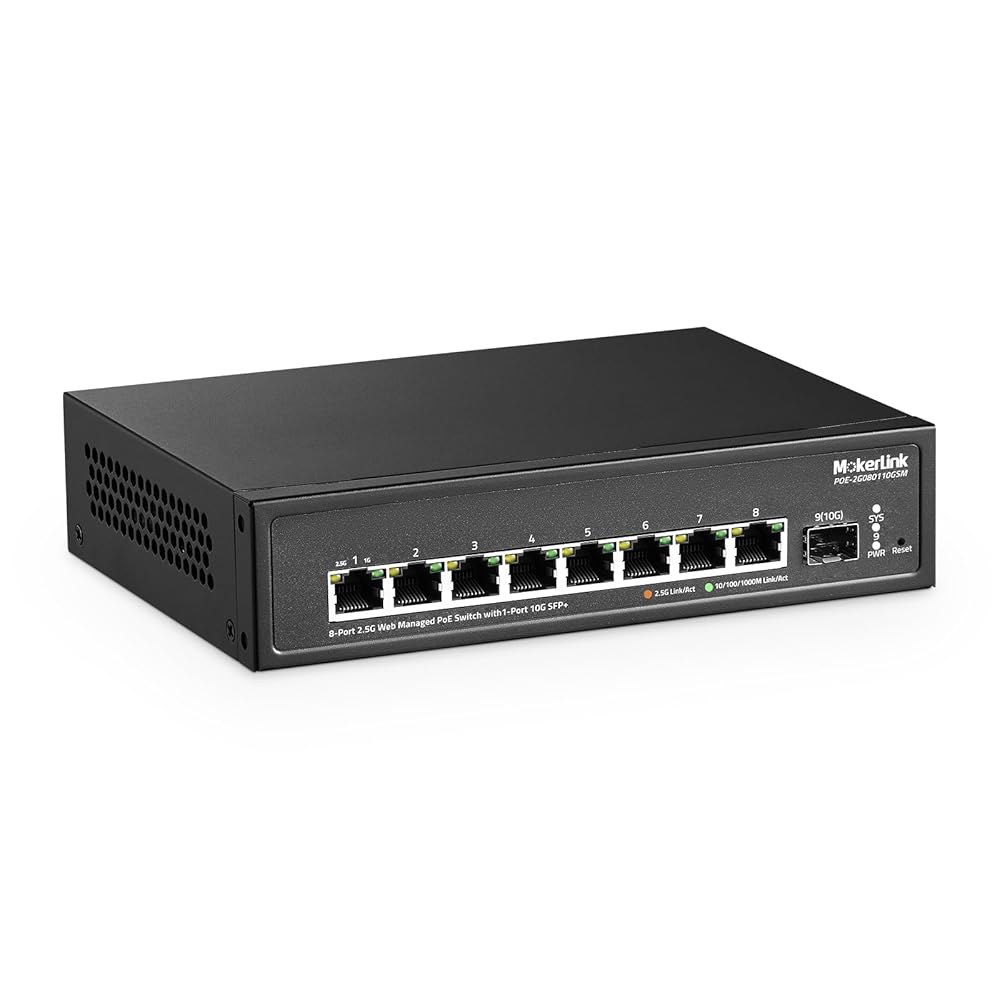 MokerLink 8 포트 2.5G POE 관리 팬리스, 슬롯, 135W, 스위치 사이즈 미니 메탈 네트워크 IEEE8023af/at 쉬운 10G 웹 SFP+ 스위치, PoE 8 - 상품 이미지