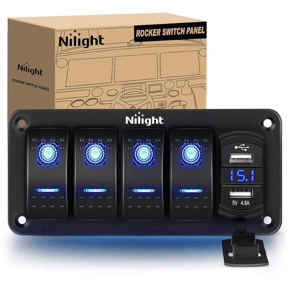 4.8암페어 듀얼 USB 충전기 전압계 방수 12V 24V DC 야간 조명 스티커가 장착된 Nilight 4 갱 로커 스위치 패널 자동차 트럭 보트 RV용 - 상품 이미지