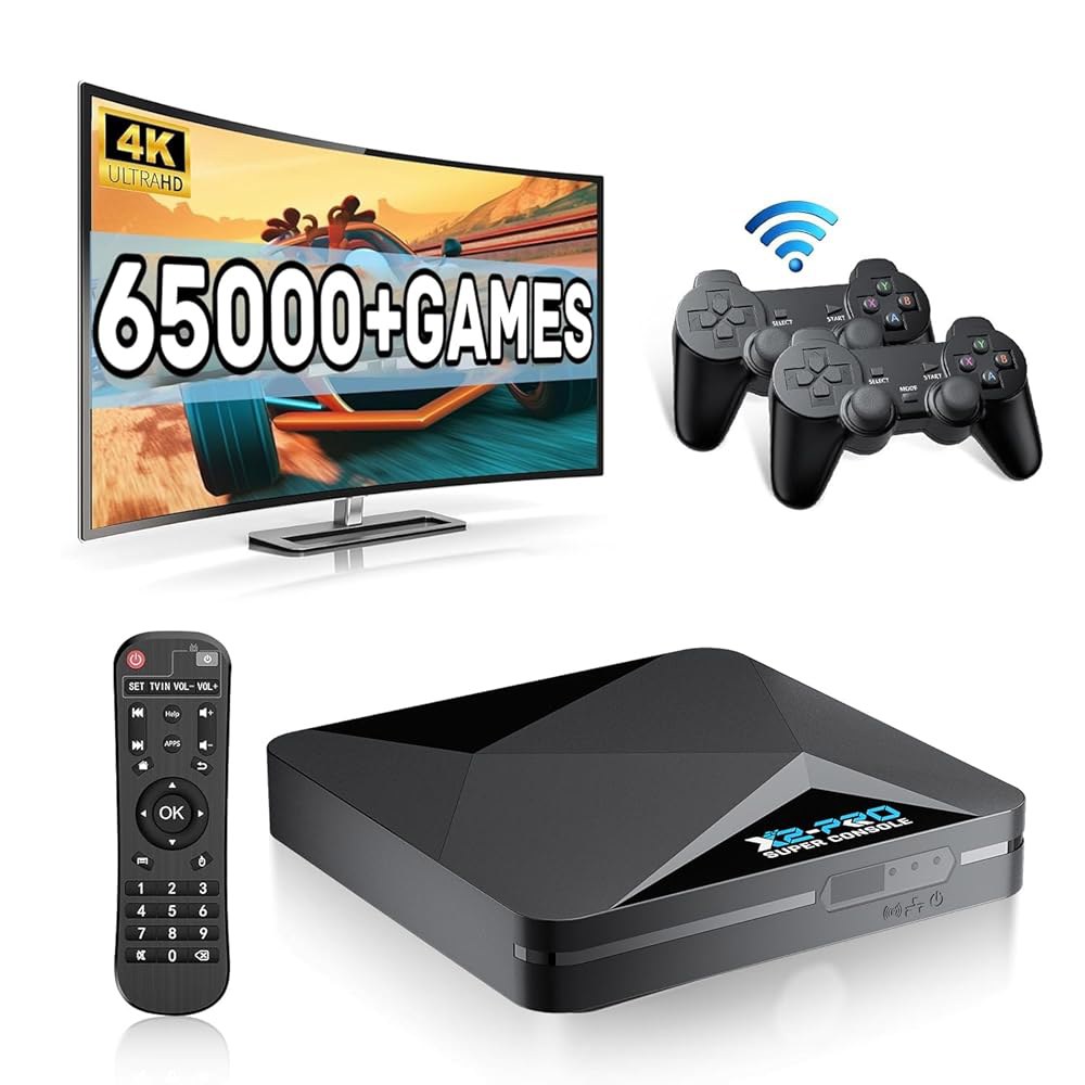 킨행크 슈퍼 콘솔 X2 프로 레트로 게임 콘솔, 65000개 이상의 게임, 비디오 EmuELEC 4.6 및 Android 9.0 in 1, 70개 에뮬레이터와 호환, 컨트롤러 2개 - 상품 이미지