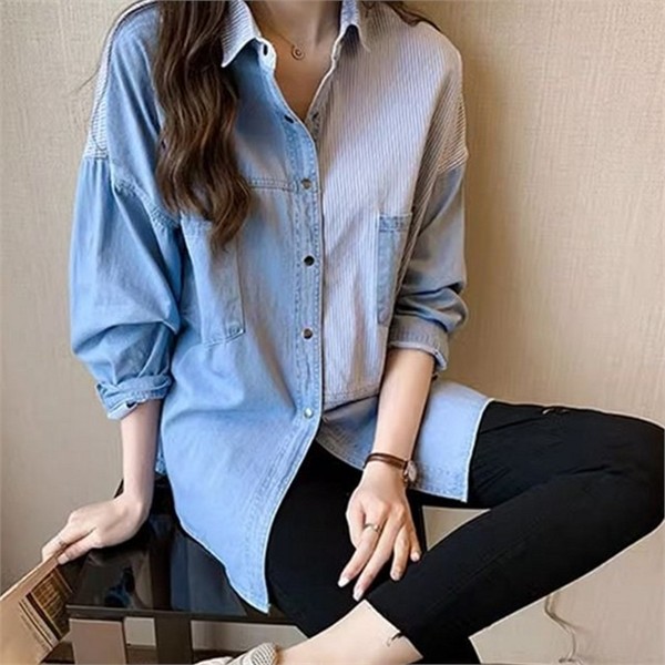 빅사이즈 여성 데님 셔츠 캐주얼 여성 루즈핏 셔츠 청남방 데일리 - 상품 이미지