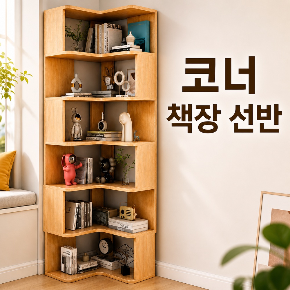 원목 코너 책장 ㄱ자 수납장 선반 서재 침실 거실 인테리어 책꽂이 - 상품 이미지