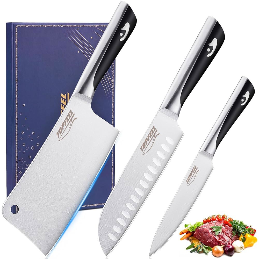 탑필 정육 칼 고기 세트 3Pcs-7 헤비 듀티 본 초퍼 & 7 산토쿠 나이프 5 유틸리티 나이프, 독일 스테인리스 스틸 셰프 주방 가정용 선물 3PCS Chef Knife Set - 상품 이미지