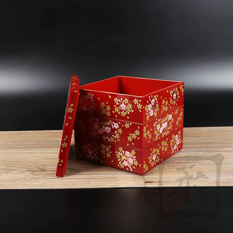 일본도시락통 일본찬합 고급 우드 3단 소풍 나무 용기 소형 벚꽃 초밥 상자 12.5x12.5x16 - 상세 이미지 4