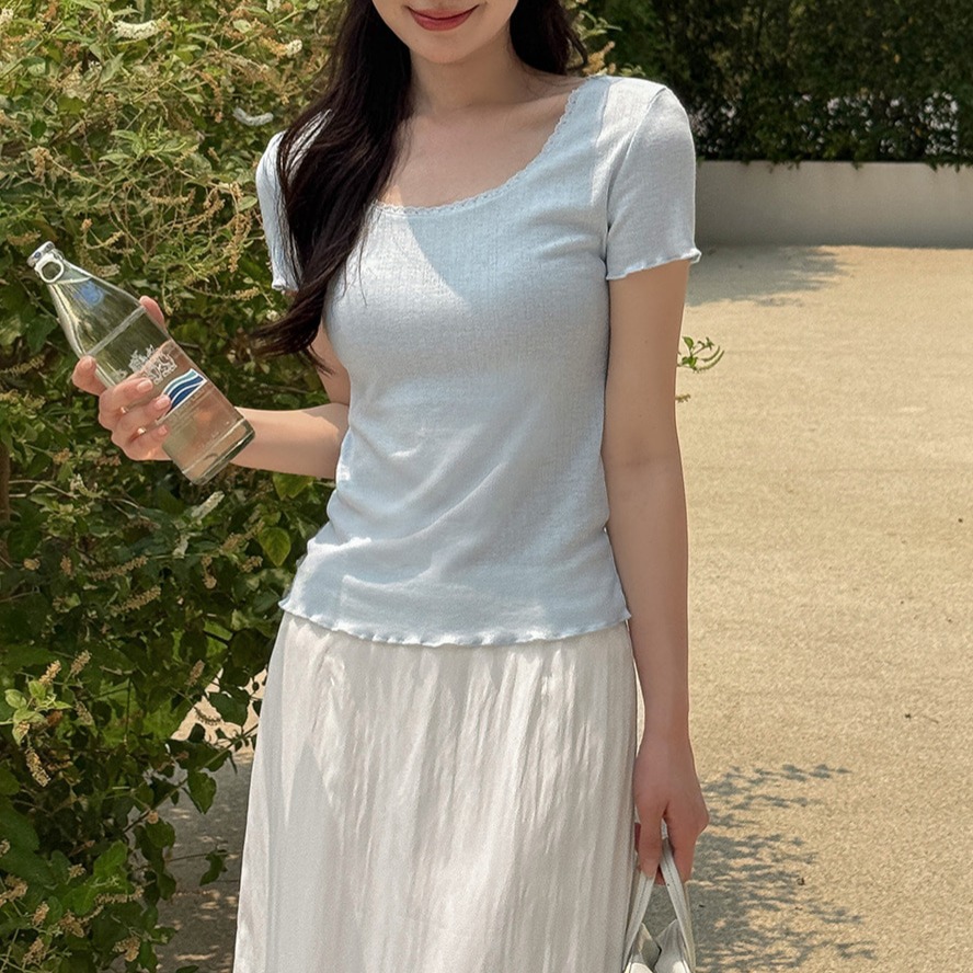 라운드넥 레이스 프릴 펀칭 레이어드 반팔티 이미지 8