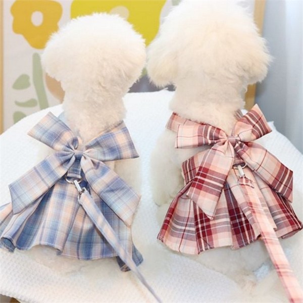 체크 강아지 옷 리본 애견 옷 산책복 외출복 - 상품 이미지