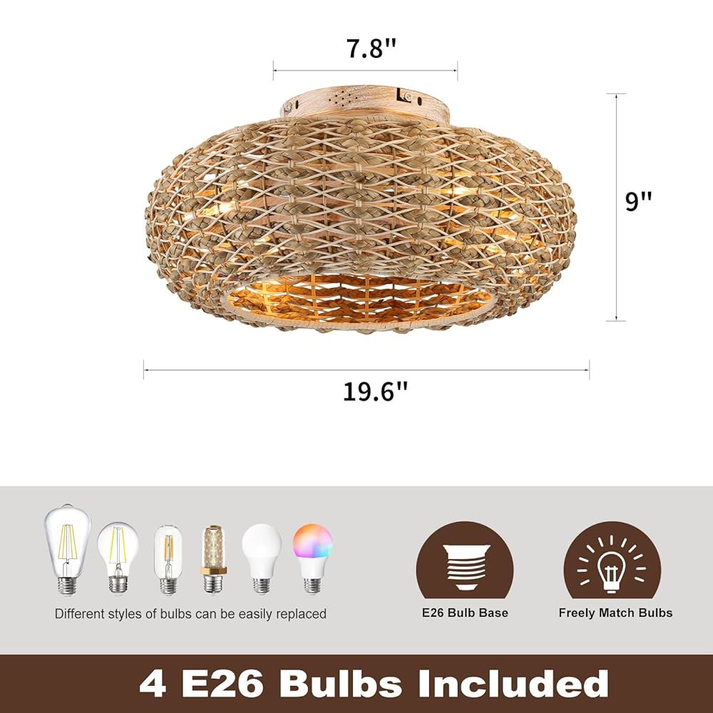 Alaruder Boho 조명 플러시 마운트가 있는 라탄 전구 포함) 앱이 리모컨 팬달리에(LED 양면 로우 4개 팬, 천장 침실용 및 6가지 케이지 무소음 50.8cm(20인치) - 상세 이미지 2