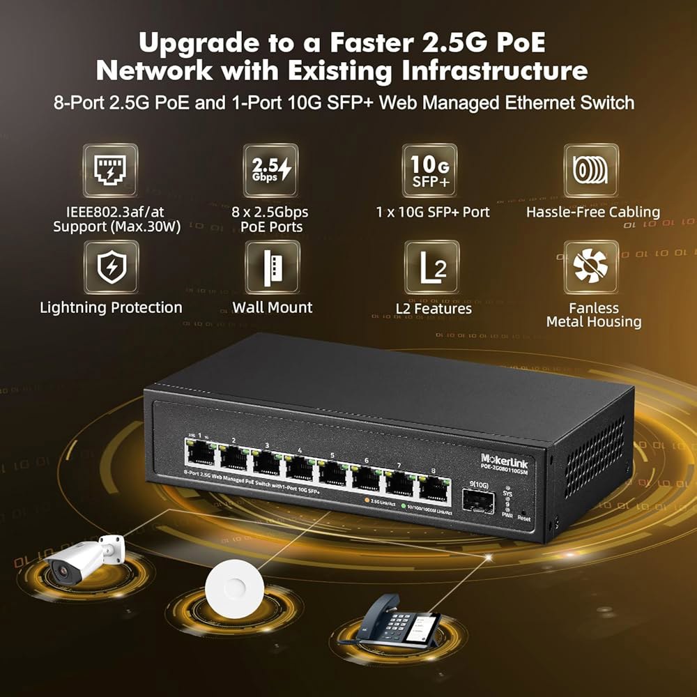 MokerLink 8 포트 2.5G POE 관리 팬리스, 슬롯, 135W, 스위치 사이즈 미니 메탈 네트워크 IEEE8023af/at 쉬운 10G 웹 SFP+ 스위치, PoE 8 - 상세 이미지 2