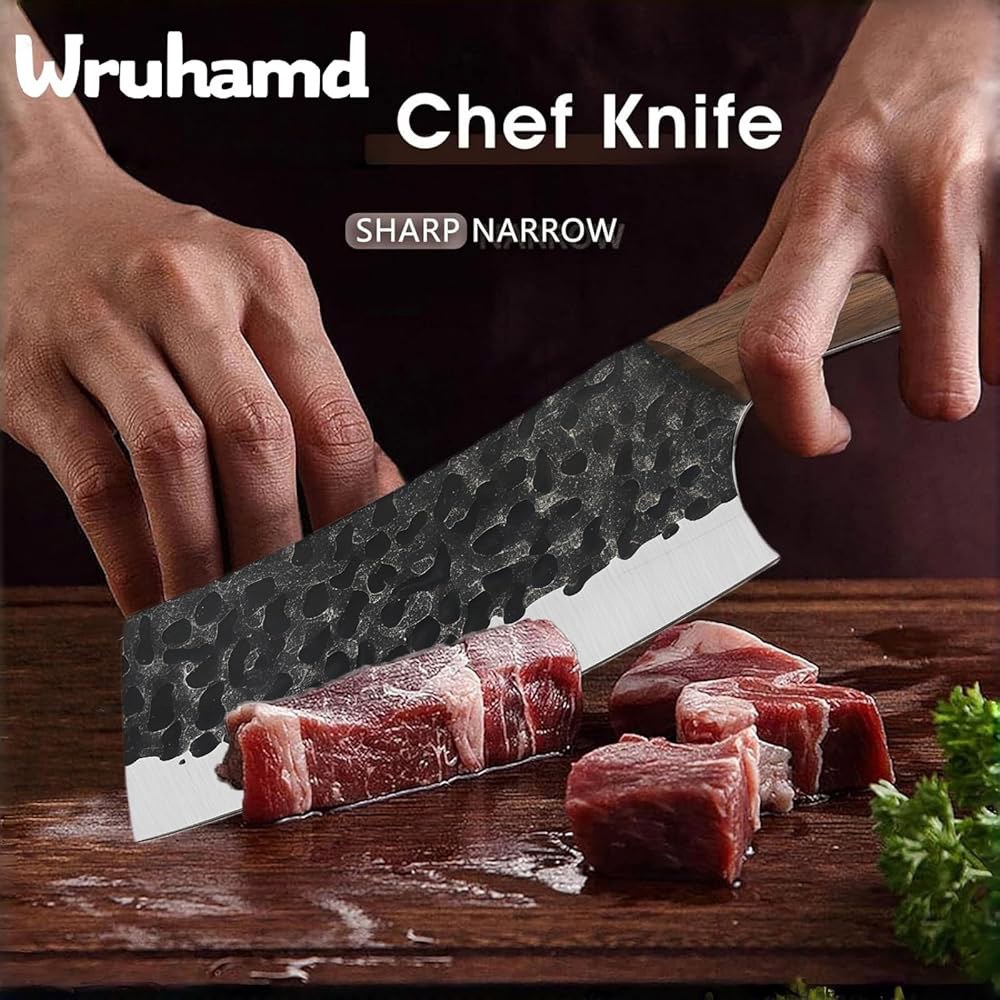 Wruhamd 2PCS 고기 절단 칼, 7.5인치 면도기 샤프 고탄소 강철 내구성, 가죽 칼집이 있는 바이킹 풀 탱 핸들, 야채 절단용 정육 칼 자르기 Black - 상세 이미지 2