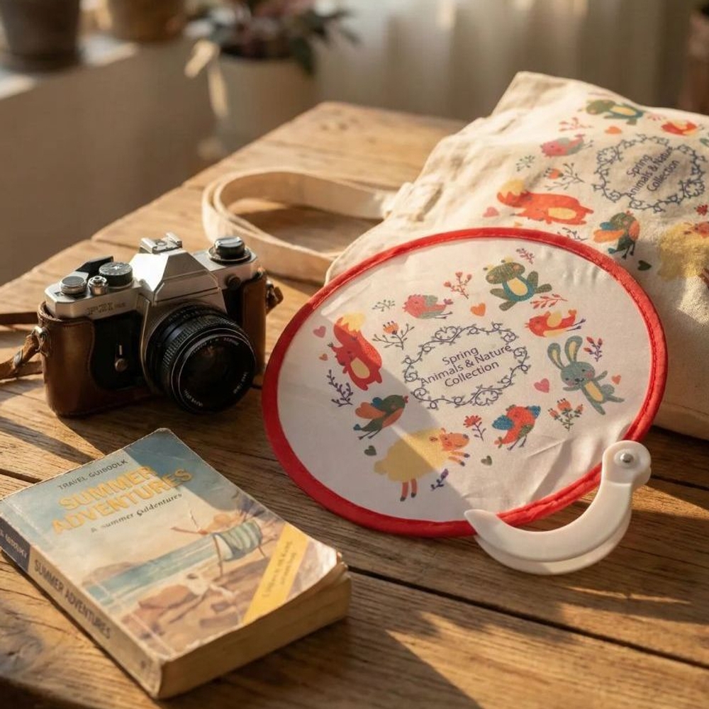 J2K 선인장 원터치 접이식 원형 부채 여름 캐릭터 휴대용 미니 부채 - 상세 이미지 3
