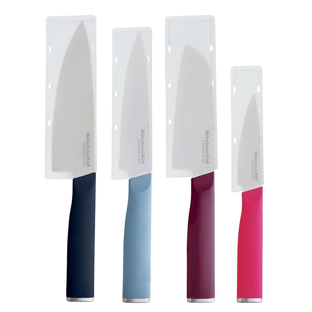 칼날 커버가 있는 키친에이드 4피스 셰프 나이프 세트, 6인치 나이프, 5인치 산토쿠, 5.5인치 톱니 모양 유틸리티, 3.5인치 파링 고탄소 일본 강철, 다양한 색상 - 상세 이미지 3