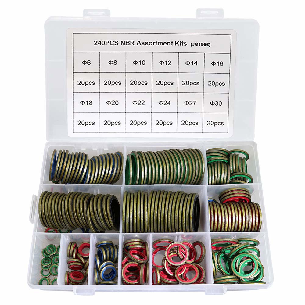 쿠탄스 240pcs 12사이즈 NBR 금속 접착 밀봉 와셔 구색 키트 하이드랄릭 오일 저항 고무 파이프 씰 개스킷 미터법 조합 O-링 240pcs - 상품 이미지