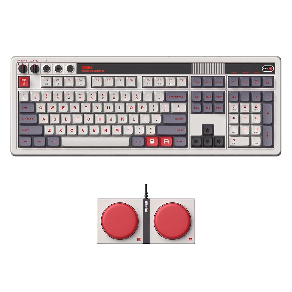 8BitDo 레트로 108 기계식 키보드, 108개의 키와 통합 Numpad, Bluetooth /2.4G /USB-C Windows 및 Android용 핫 스왑 가능 무선 게임 - 상품 이미지