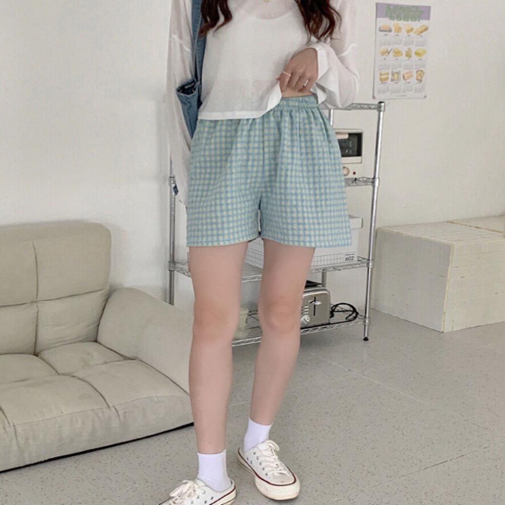 여성 잠옷 반바지 체크 플라워 면 파자마 - 상세 이미지 5