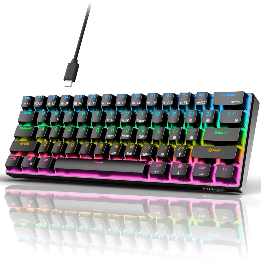 RK ROYAL KLUGE RK61 유선 60 기계식 게이밍 키보드 프로그래밍 가능 QMK /VIA RGB 백라이트 61 키 초소형 핫 스왑 블루 스위치 블랙 - 상품 이미지