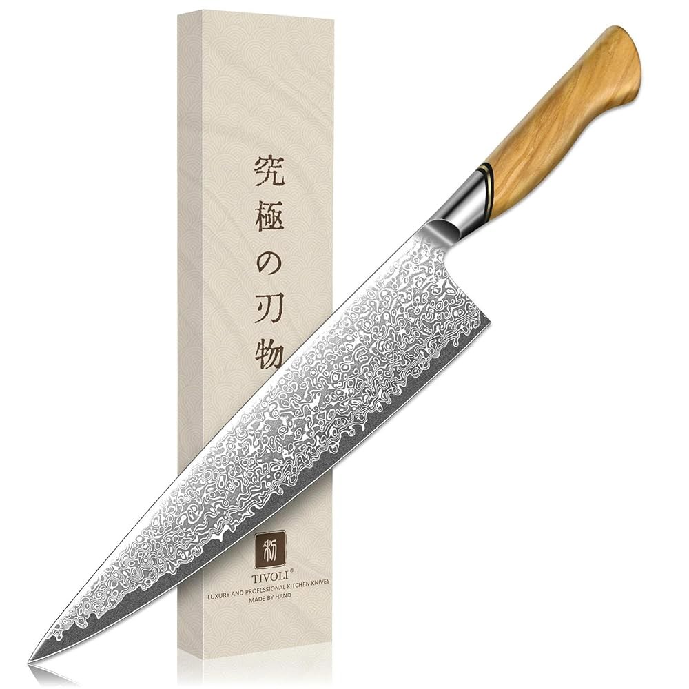 TIVOL 일본 규토 나이프 10인치 u2013 VG-10 다마스쿠스 셰프 나이프, 면도날 날카로운 칼날과 인체공학적 올리브 나무 손잡이, 육류, 채소 및 일상 요리에 이상적입니다 - 상품 이미지