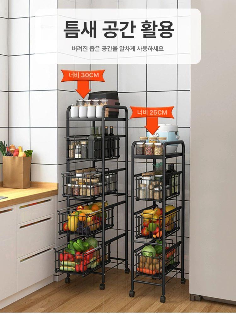 철제 틈새선반 카트 수납장 슬림트롤리 움직이는 진열대 내경 틈새수납 공간 외경 랙 - 상세 이미지 2