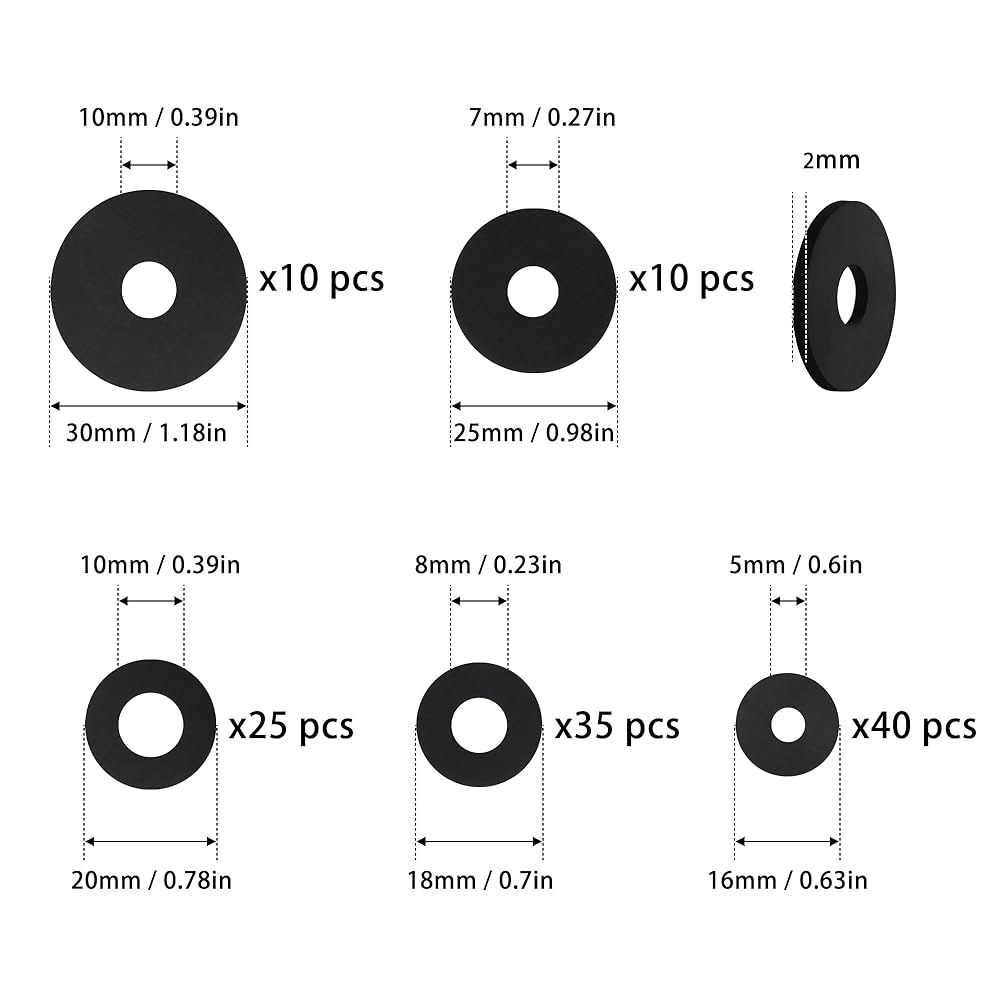 120개의 평평한 고무 세탁기 모음 키트, 16개/18개/20개/25개/30mm 검은색 세탁기, 진동 흡수 패드 수도꼭지 정원용 밀봉 볼트 나사 호스 배관 샤워 헤드 - 5가지 - 상세 이미지 3
