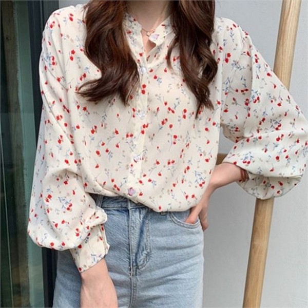 루즈핏 여성 블라우스 플라워 블라우스 데일리 벌룬 퍼프 - 상품 이미지