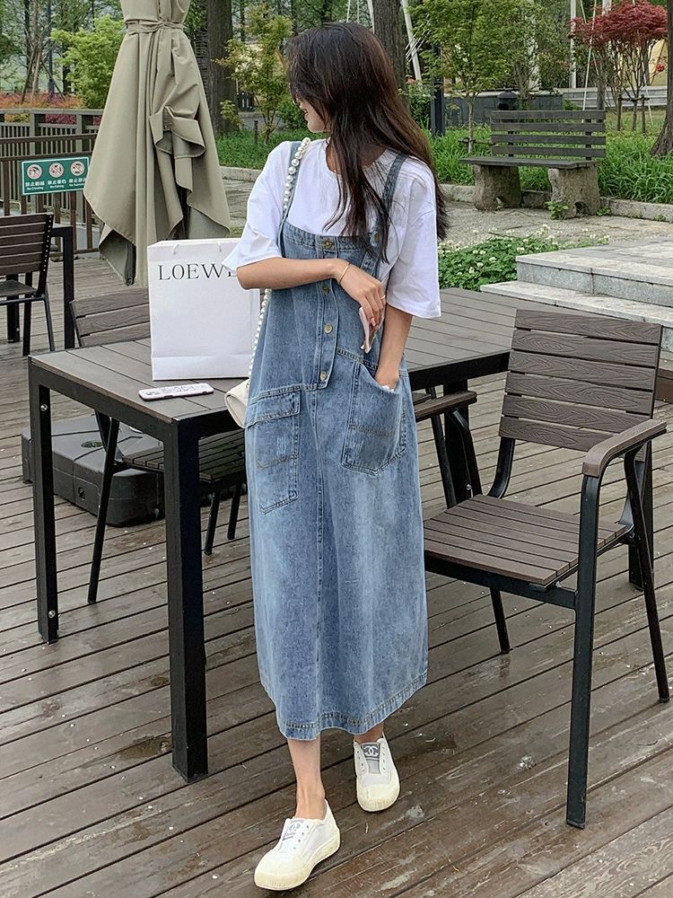 멜빵 치마 데님 캐쥬얼 라이트 블루 스커트 빅사이즈 - 상세 이미지 3