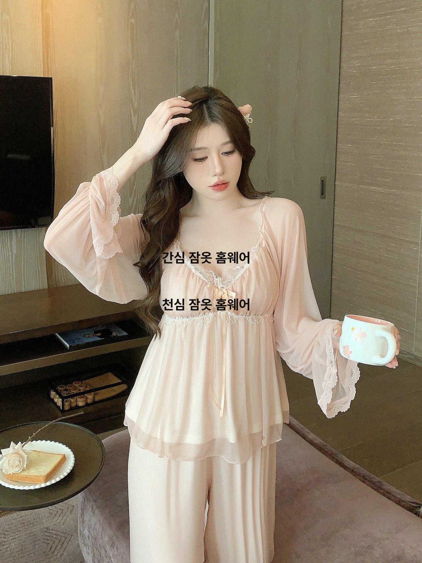 긴팔 캡내장 잠옷 원사이즈 슬렌더 슬림핏 프릴 시스루 나시 파자마 세트 - 상세 이미지 3