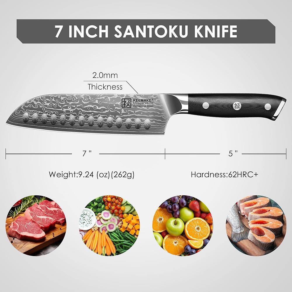 키메이크 산토쿠 나이프 7인치, 인체공학적 손잡이가 있는 초급 다마스쿠스 주방 나이프, 67겹 스틸 스시 사시미용 일식 셰프 과일 채소 고기용 도마 8 - 상세 이미지 2