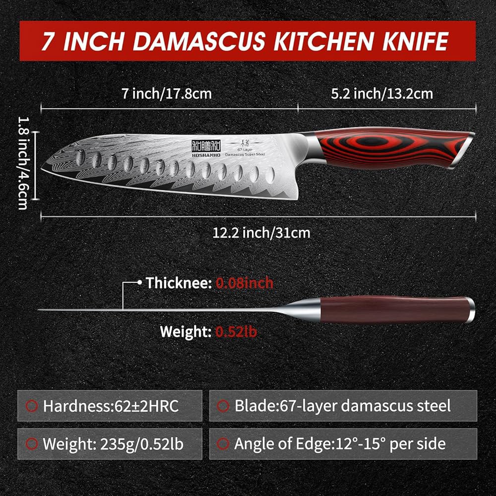 호샨호 다마스쿠스 산토쿠 나이프, 7인치 프로페셔널 주방 인체공학적 G10 손잡이가 있는 슈퍼 스틸 울트라 샤프 셰프 나이프 7 - 상세 이미지 3
