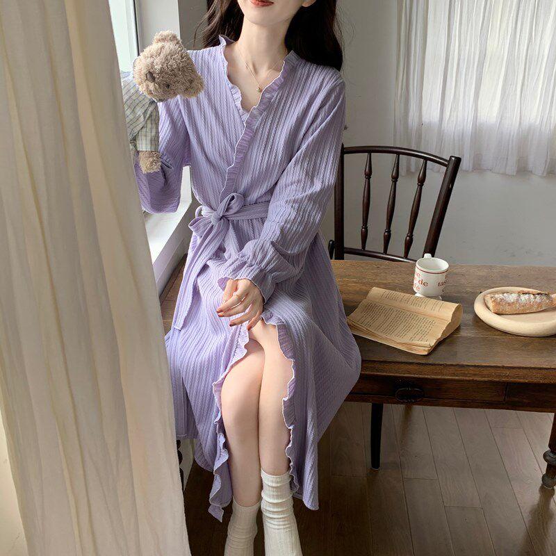 실내 가운 면 수면 모텔 얇은 샤워 끈나시 원피스 잠옷 극세사 슬립 원피스 - 상세 이미지 2