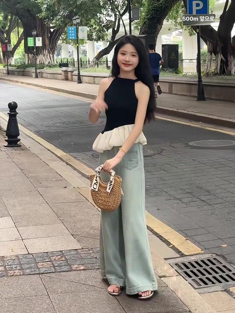 홀터넥 블라우스 쉬폰 프릴 오프숄더 셔링 레이스 민소매 나시 뷔스티에 - 상세 이미지 2