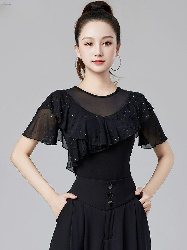 라인댄스복 상의 반팔 줌바 사교 여름 연습복 밸리 블랙 S - 상품 이미지
