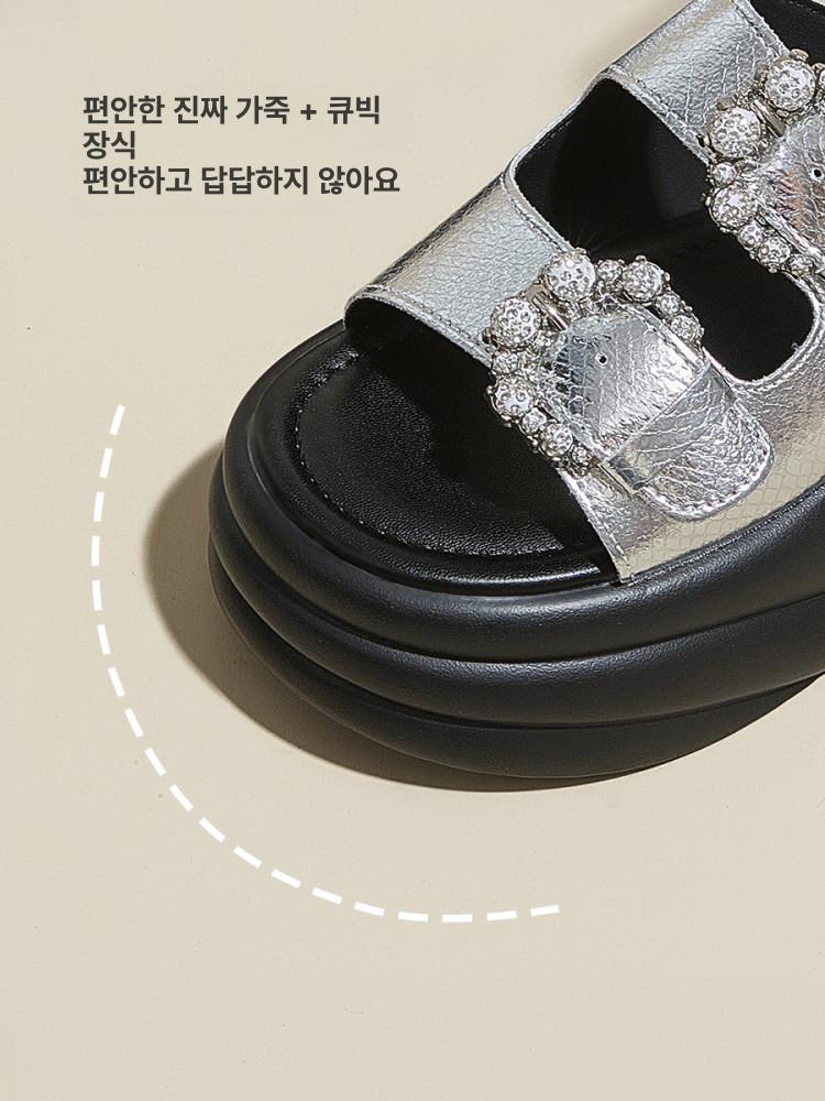 스퀘어큐빅 장식 PVC 여름 8CM 통굽 슬리퍼 실내화 웨지 키높이 샌들 - 상세 이미지 2